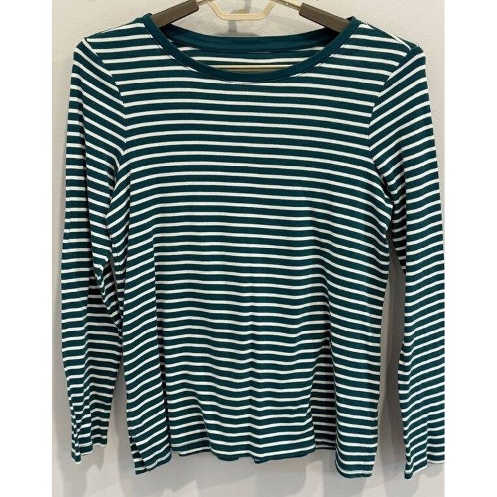 J Jill Long Sleeve Pima Crew Neck Tee 100% Cotton Teal White Stripe Size M